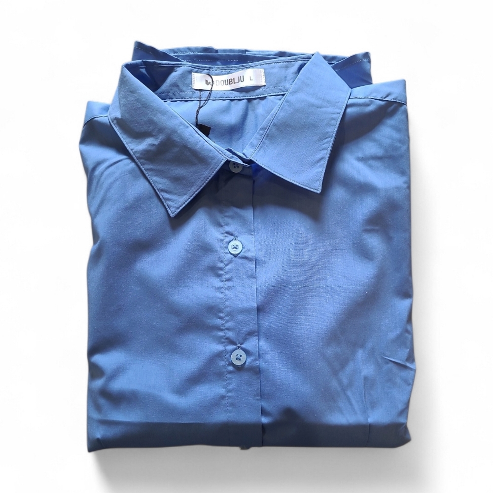 Women's Doublju Brand Slim Fit Dress Shirt Half Sleeve Stretch Size L Blue NWT! - Picture 11 of 12